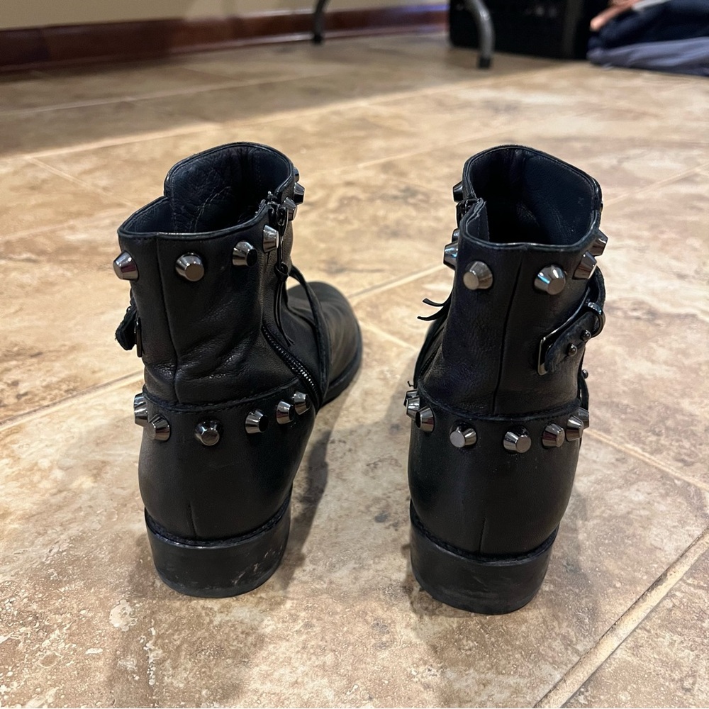 Stuart Weitzman Nappa Leather Silver Studded Moto Boots - Picture 6 of 9